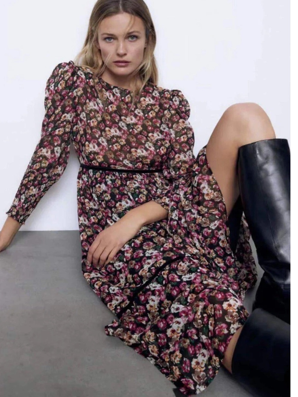 Zara Floral Tiered MIDI Dress Long Sleeve Puff Sleeve size Medium
